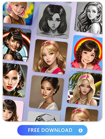 11 AI Avatars made by PhotoDirector with sketch, kid, barbie, cyberpunk and other styles